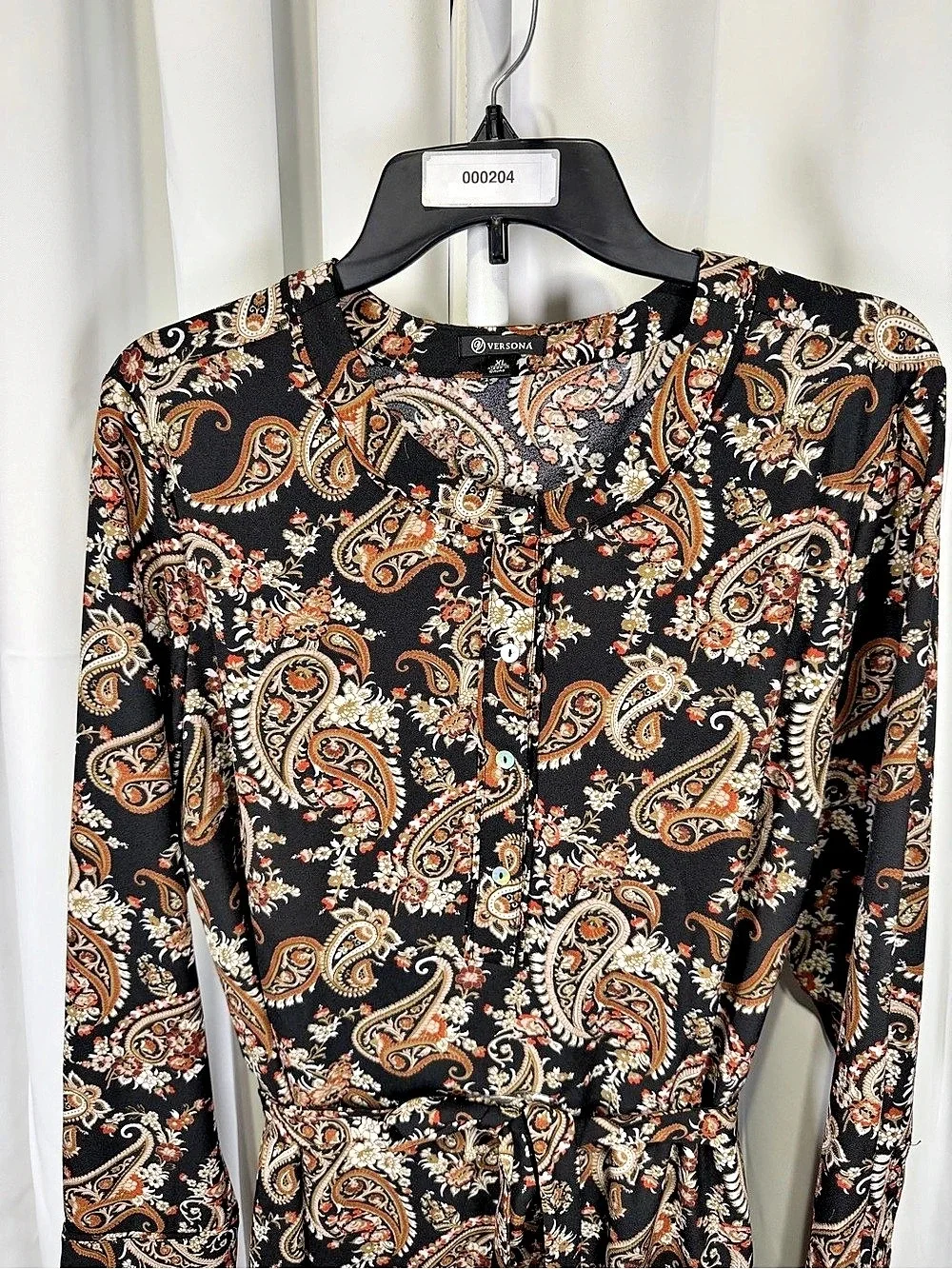 Versona Women’s XL Black Paisley Long Sleeve Belted Shirt Dress Boho